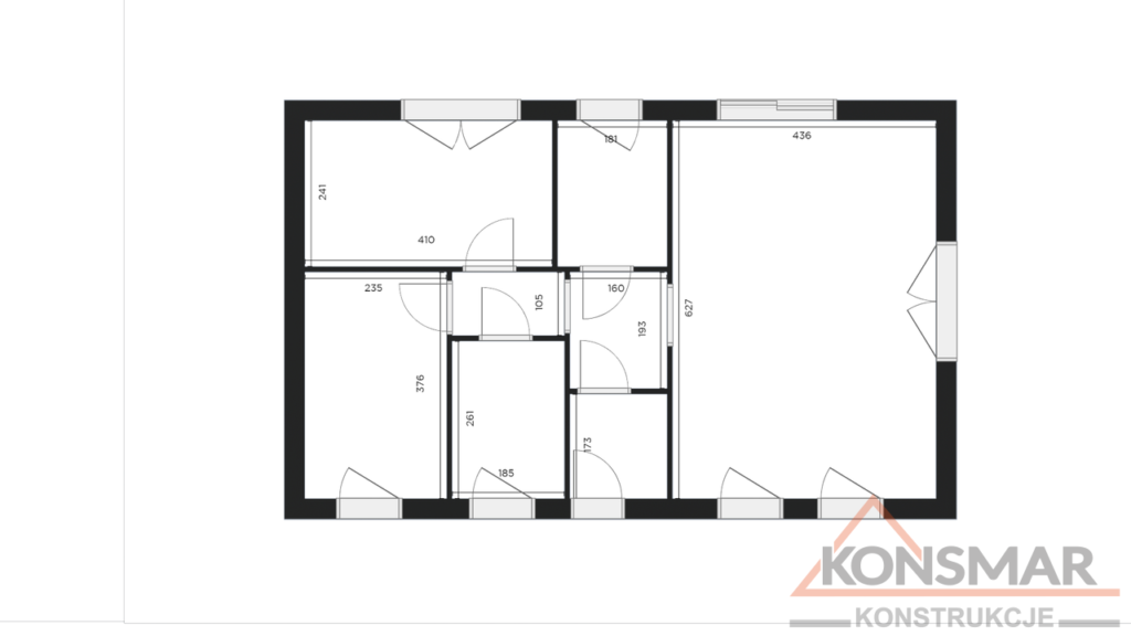 Plan architektoniczny pomieszczeń z wymiarami ścian i szczegółami konstrukcji, przedstawiający układ wewnętrzny przestrzeni z opisanymi wymiarami