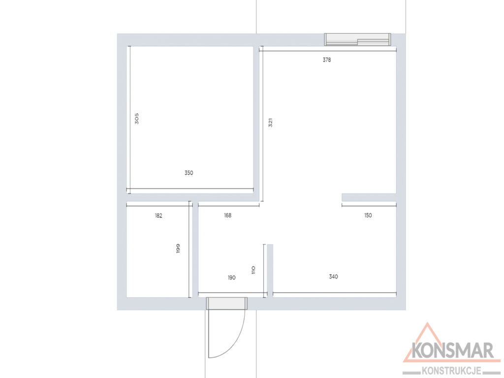 Plan architektoniczny pomieszczeń z wymiarami ścian i szczegółami konstrukcji, przedstawiający układ wewnętrzny przestrzeni z opisanymi wymiarami.