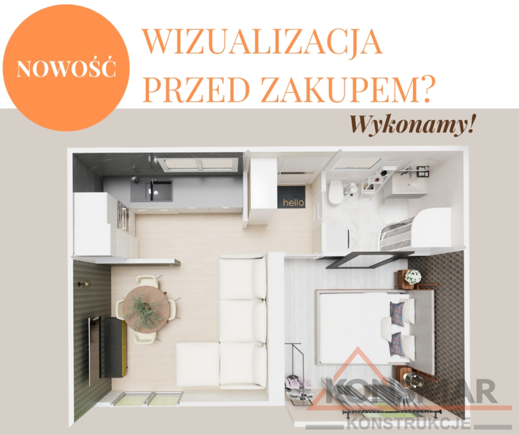 Wizualizacja projektu wnętrza domu modułowego. Na obrazie widać przemyślane rozplanowanie pomieszczeń: 